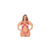 Nuisette grande taille en résille et dentelle florale rose et string assorti 